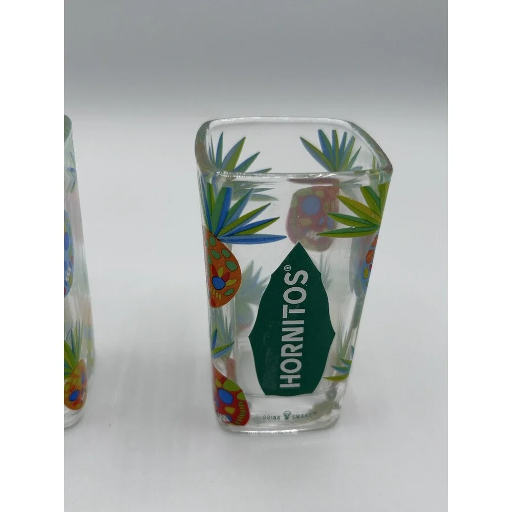 Lot of 2 Hornitos Tequila Shot Glasses Square Pineapple Tiki Skull‎ Pattern 2oz